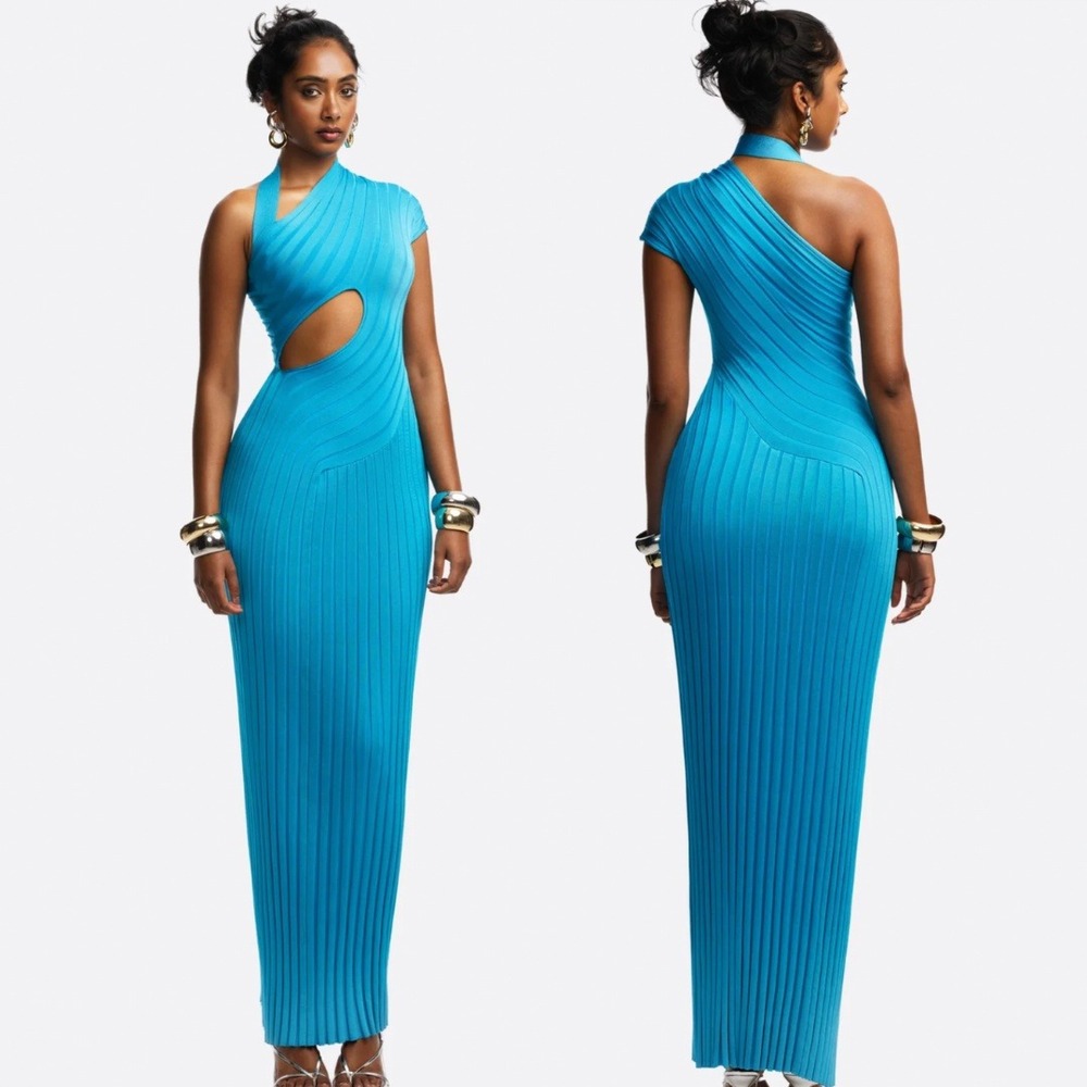 NWT Hanifa Clarise Knit Maxi Dress Cyan Blue One Shoulder Cutout Ribbed Size M